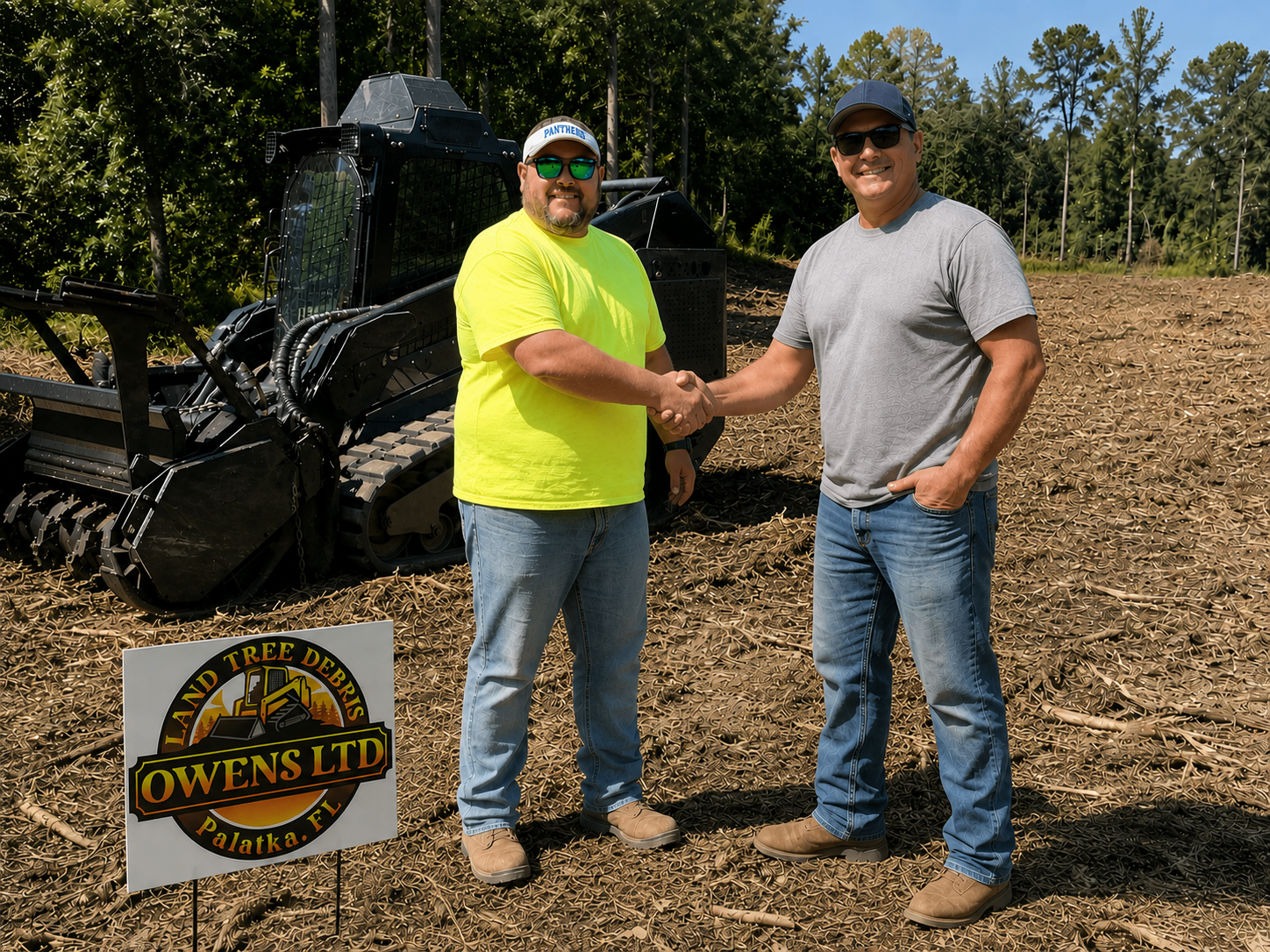 Owens LTD owner shaking hands with a client on a freshly mulched property in Palatka, FL